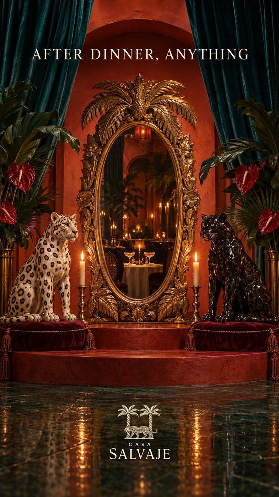 Dos jaguares de cerámica frente a un espejo dorado: After dinner, anything
