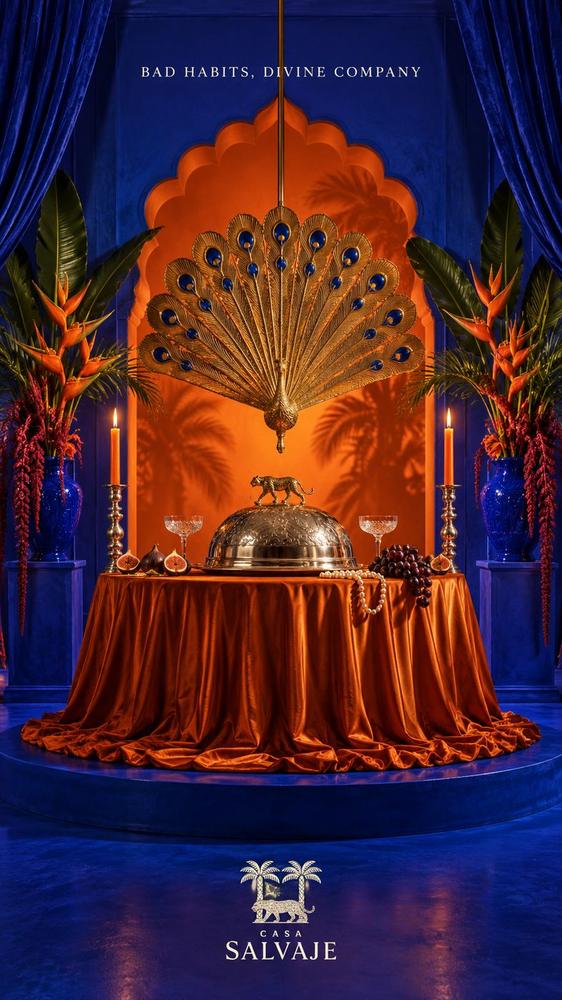 Mesa naranja con abanico de pavo real: Bad habits, divine company