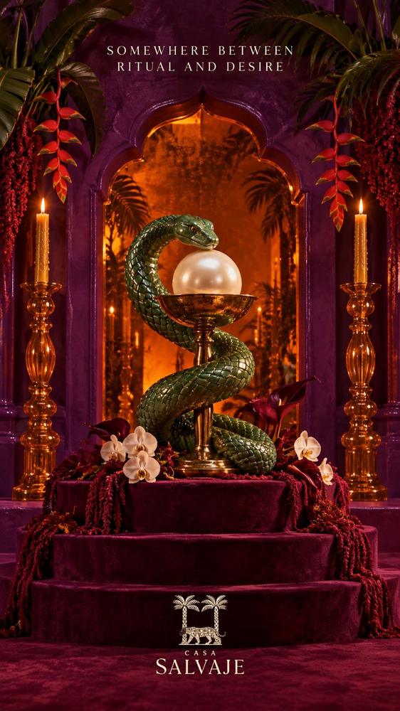 Serpiente verde con una perla sobre terciopelo
