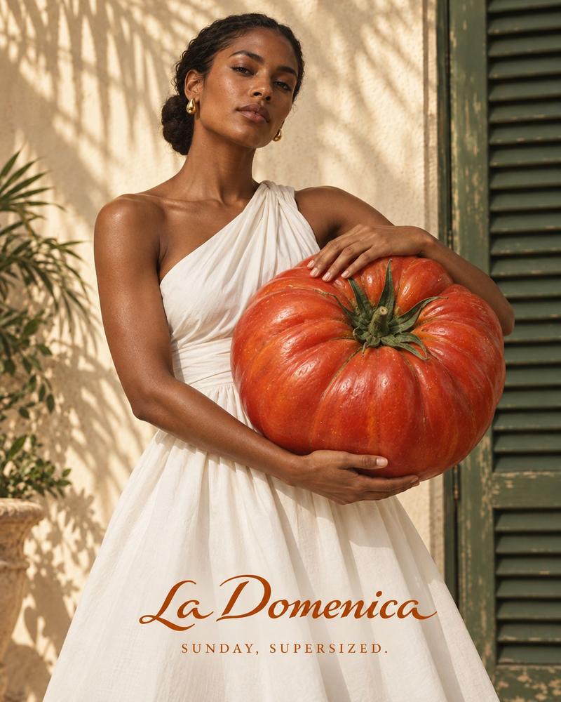 Mujer con un tomate gigante: Sunday, supersized