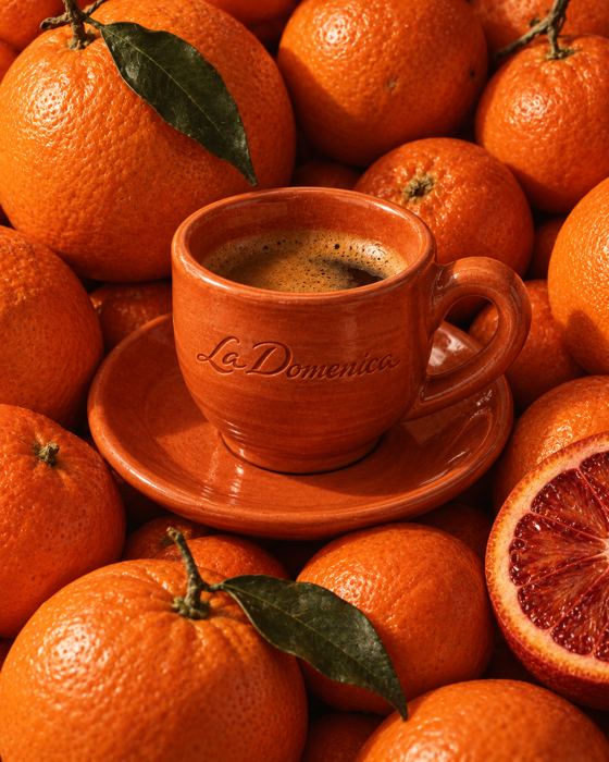 Taza de café entre naranjas