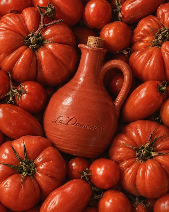 Jarra de barro entre tomates
