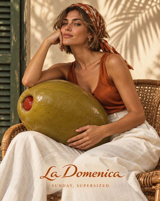 Mujer sentada con una aceituna gigante
