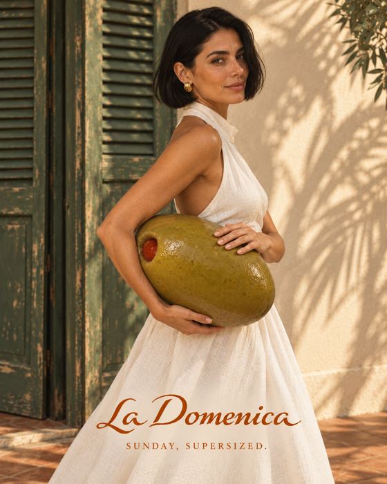 Mujer cargando una aceituna gigante