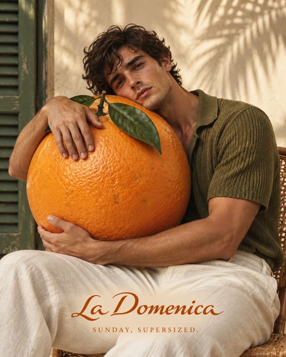 Hombre abrazando una naranja gigante