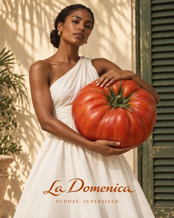 Mujer cargando un tomate gigante