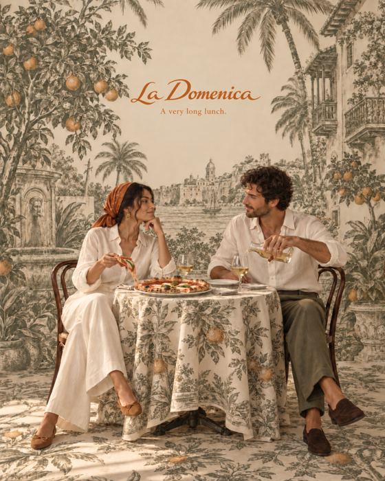 Pareja almorzando frente a un mural toile