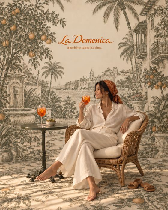 Mujer con un spritz frente a un toile