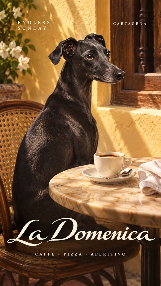 Galgo sentado a la mesa con un café