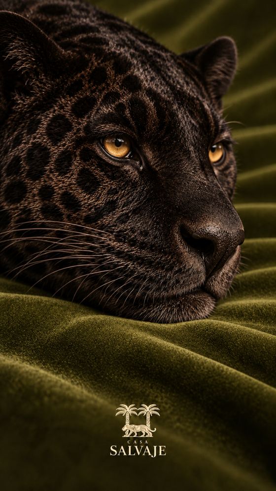 Pantera negra recostada sobre terciopelo verde