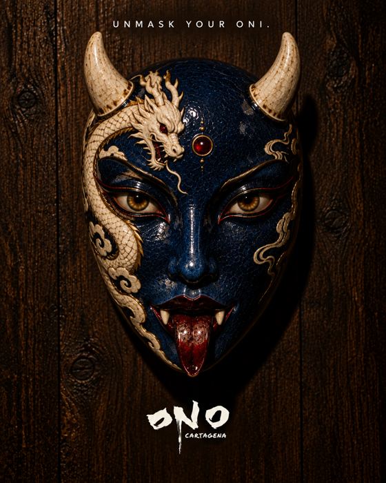 Máscara oni azul con un dragón