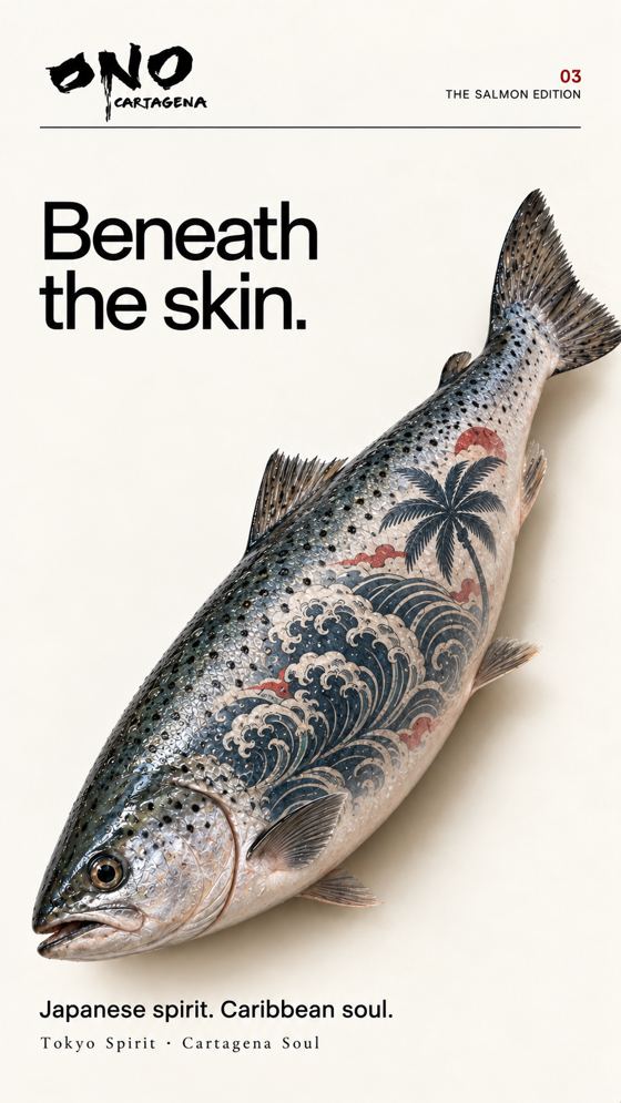 Salmón tatuado con olas y palmas