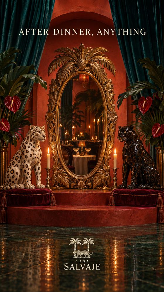 Espejo dorado con leopardos sobre terciopelo rojo