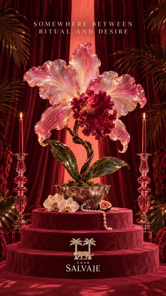 Orquídea rosada sobre un altar de terciopelo rojo