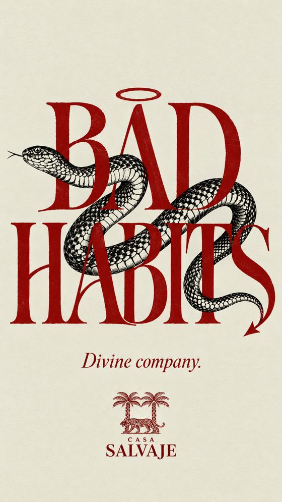 Tipografía roja Bad habits con una serpiente y un halo
