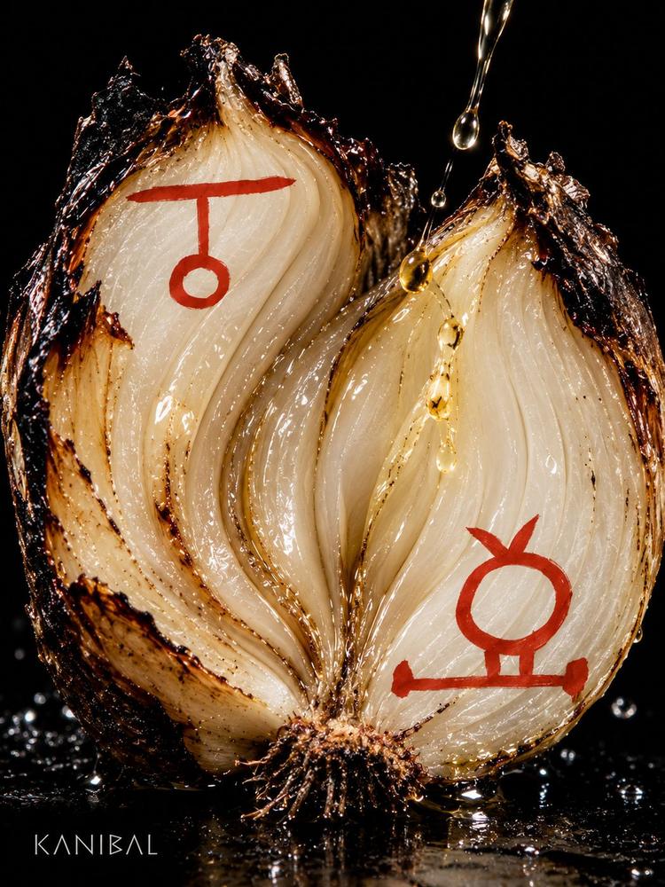Cebolla asada abierta con aceite cayendo y glifos rojos