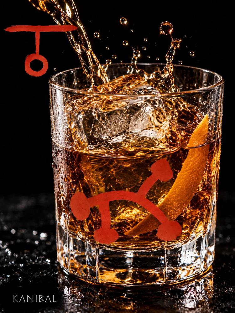Vaso con whisky, hielo y cáscara de naranja, glifos rojos