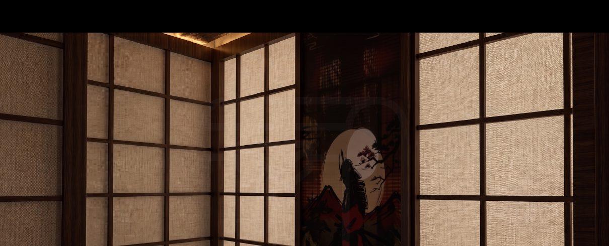 Render de ONO Cartagena: paneles shoji y un retrato de geisha