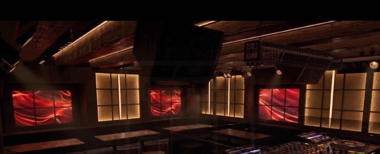 Render de ONO Cartagena: paneles shoji iluminados y pantallas rojas sobre la cabina