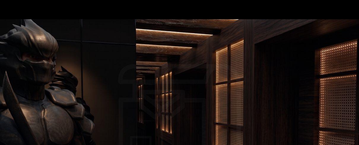 Render de ONO Cartagena: armadura samurái en el pasillo de paneles shoji