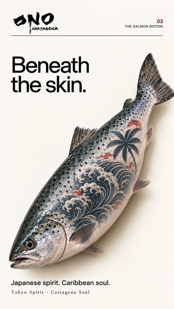 Salmón tatuado con olas y palma: the salmon edition