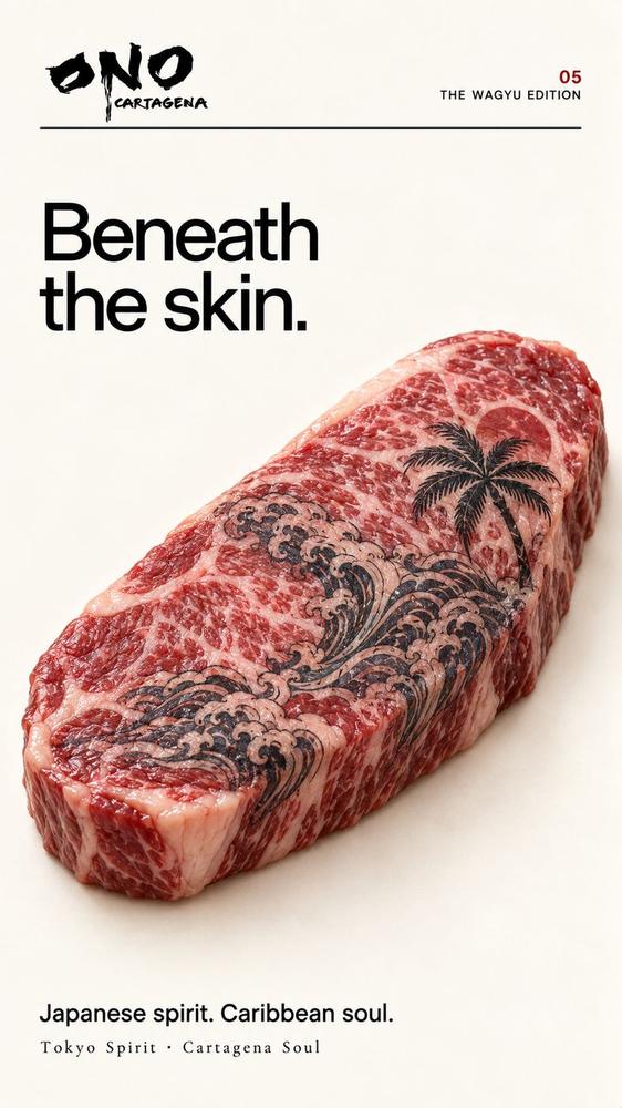 Corte de wagyu tatuado con olas: the wagyu edition