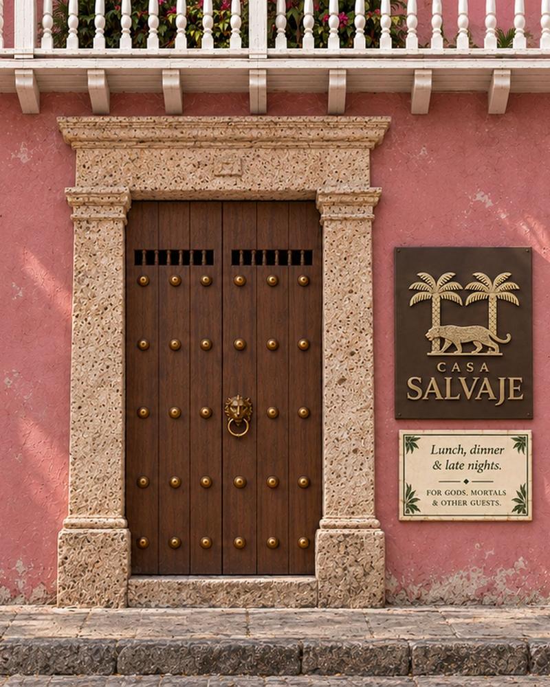 Puerta de madera de Casa Salvaje con la placa del jaguar