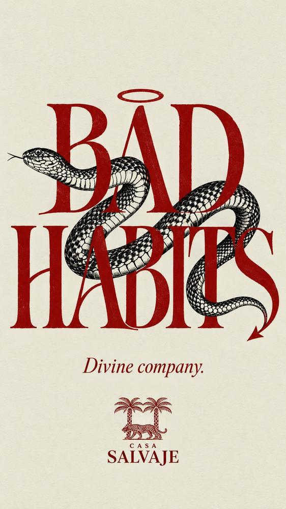 Tipografía roja Bad habits con una serpiente y un halo